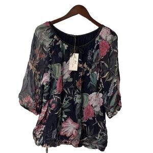 NWT Micky Crème Boheme Vintage Silk Blend Floral Blouse Made In Italy Women's L